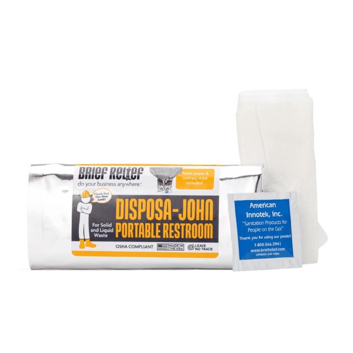 br500DISPOSA-JOHN PORTABLE RESTROOMBAG AND LINER FOR SOLID WASTEW/TOILET PAPER AND WIPESDISPOSA-JOHN PORTABLE RESTROOM WITH TRIPLE BARRIER BAG AND LINER FOR SOLID WASTE, INCLUDES TOILET PAPER AND ANTIMICROBIAL WIPES