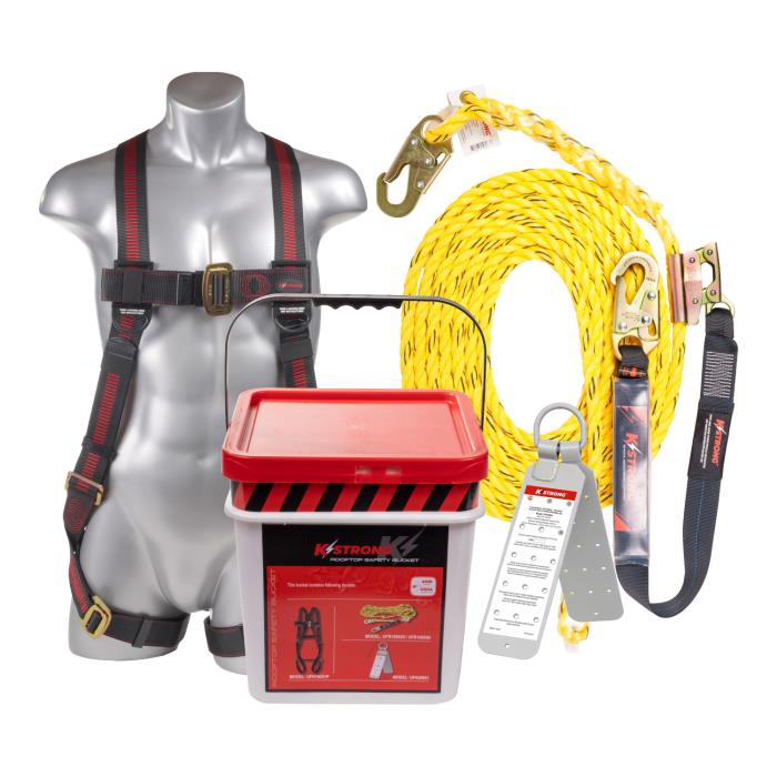 ufb101050(l-xl)KSTRONG 50FT ROOFERS KIT WITHELITE 5 PT HARNESS, 50FT ROPE,ROPE GRAB/LANYARD, ROOF ANCHORKSTRONG 50ft ROOFERS KIT IN A BUCKET