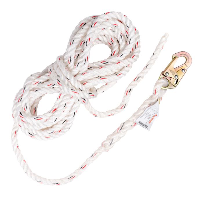 ufr200025KSTRONG 25FT VERTICAL WHITEPOLYDAC ROPE LIFELINE WITHLOCKING SNAP HOOKKSTRONG 25ft WHITE POLYDAC VERTICAL ROPE LIFELINE W/LOCKING SNAP HOOK AT ANCHOR END, OTHER END CUT AND TAPED